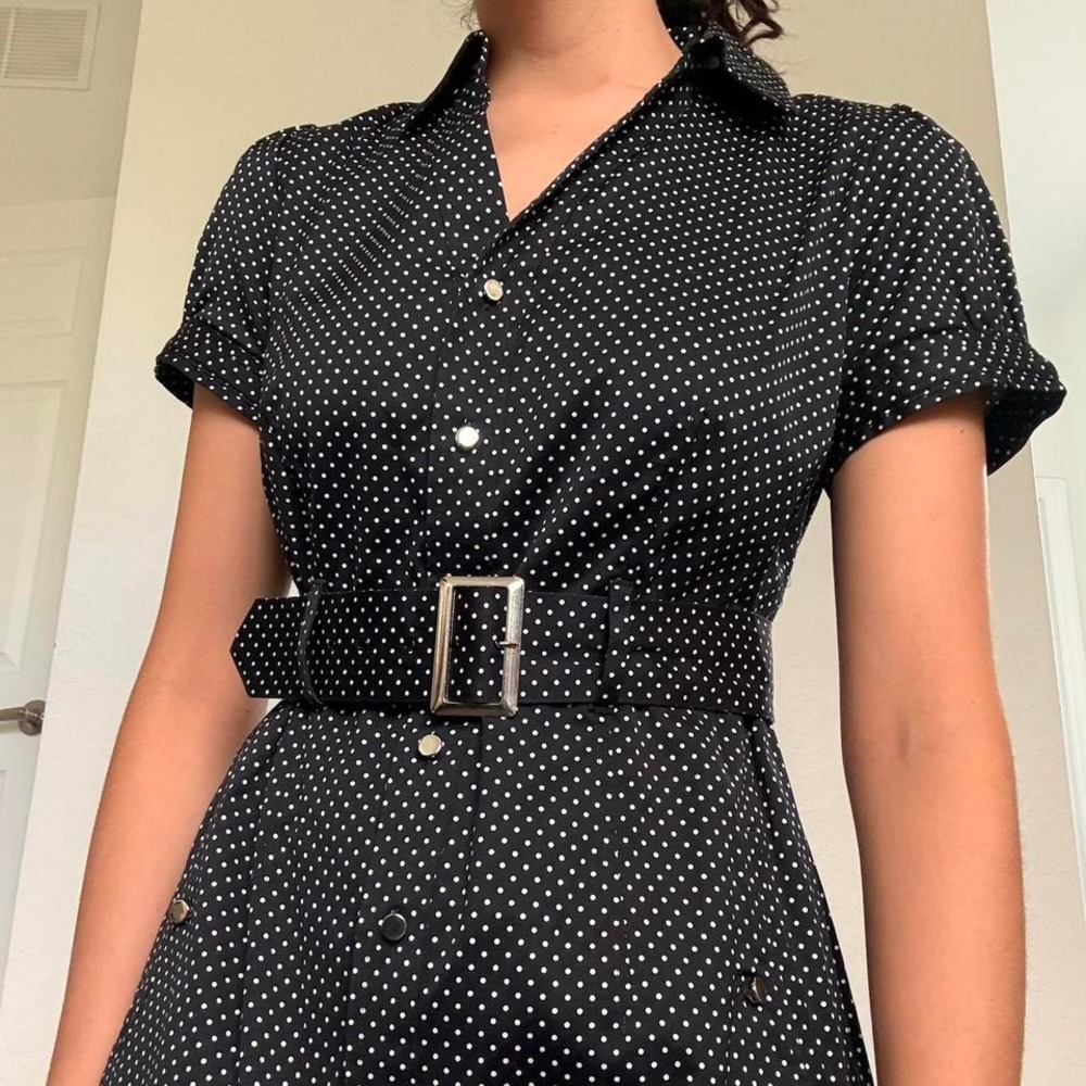 Retro Black Polka Dot Belted Shirt Dress